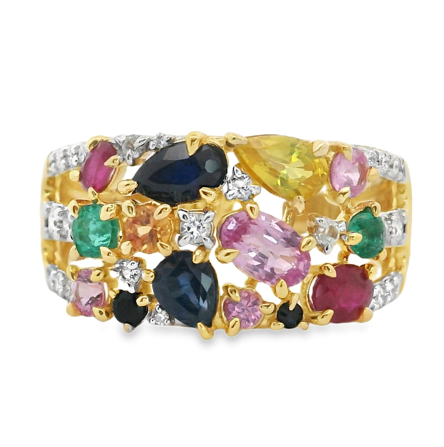 ANILLO 18KT 16 BRILLANTES 19 ZAFIROS 2 ESMERALDAS