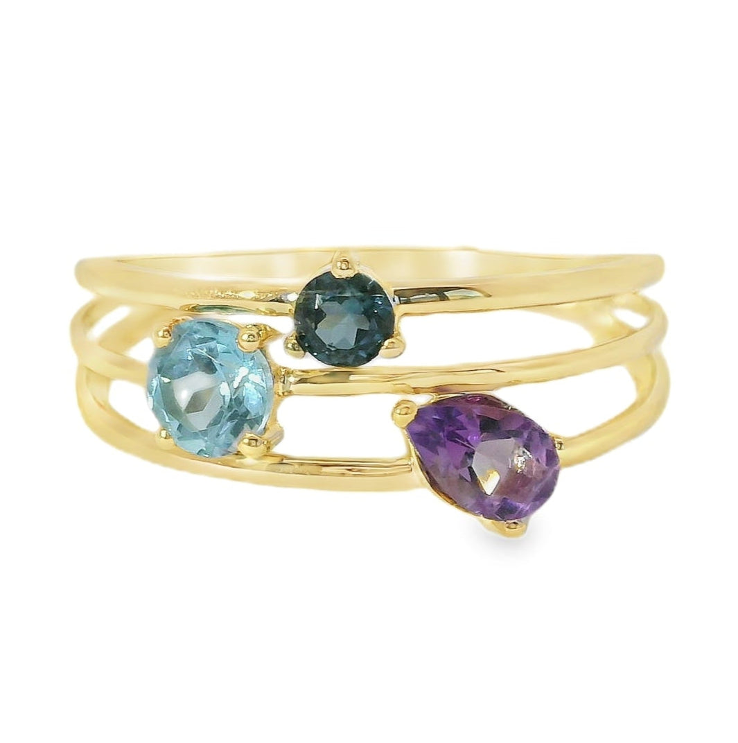 ANILLO 18KT 2 TOPACIOS 1 AMATISTA