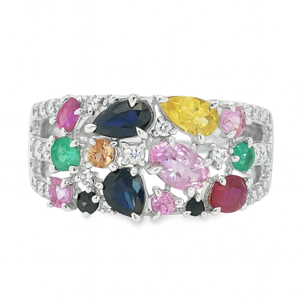 ANILLO 18KT 16 BRILLANTES 19 ZAFIROS 2 ESMERALDAS